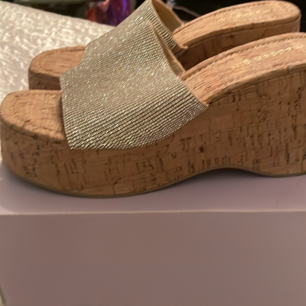 Gold and Brown Platform Shoes with Rhinestone Strap - Picture 2 of 2